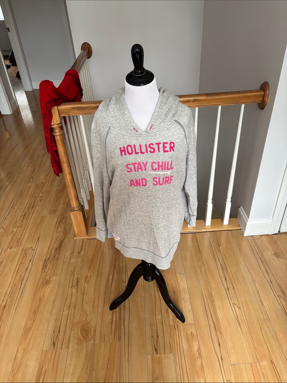 Hollister Light Heather Gray Pullover Hoodie with Pink Logo